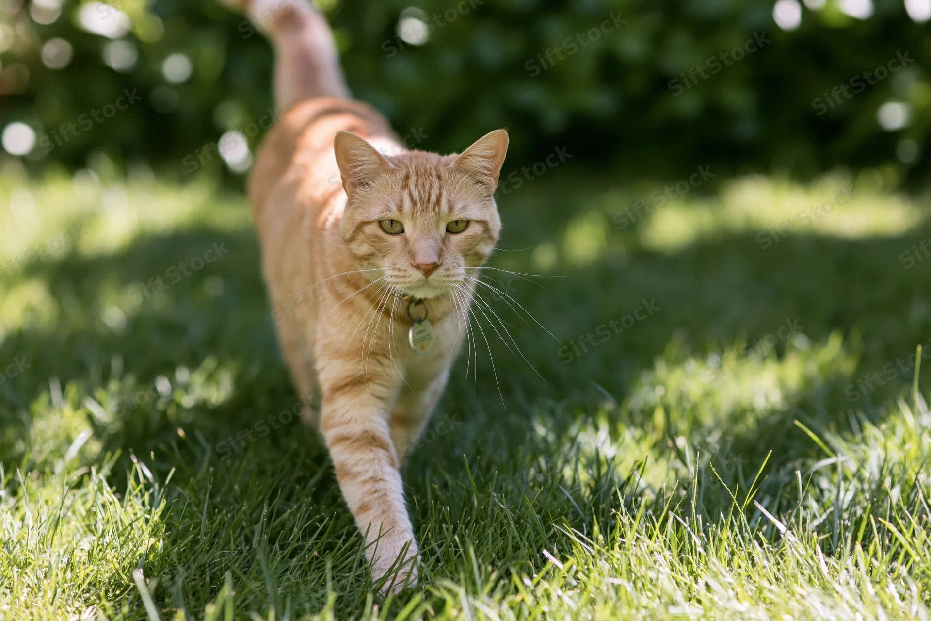 Orange tabby cat walking through green grass toward camera in garden setting