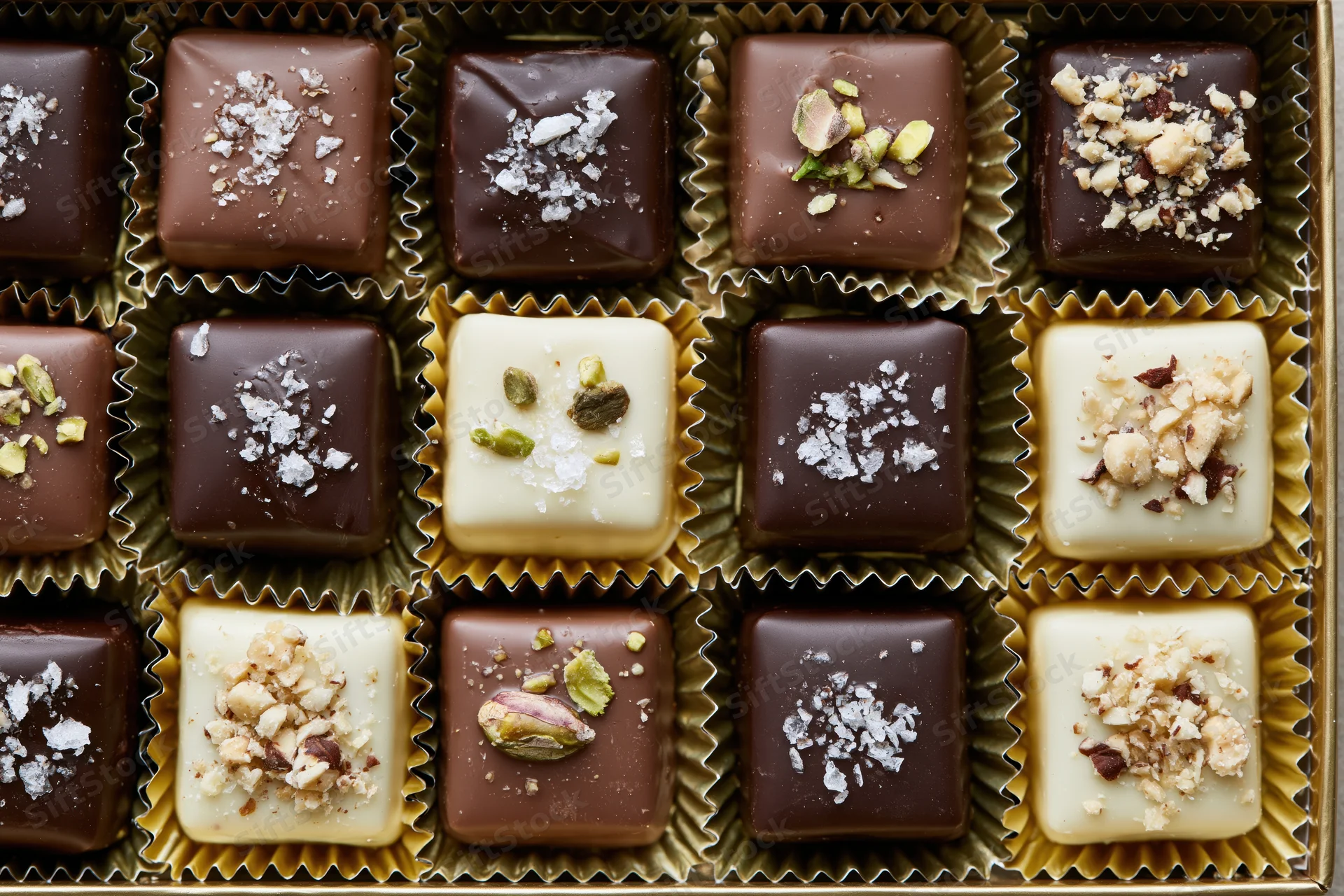 Assorted square chocolates arranged in a gold-lined box with various toppings and wrappers
