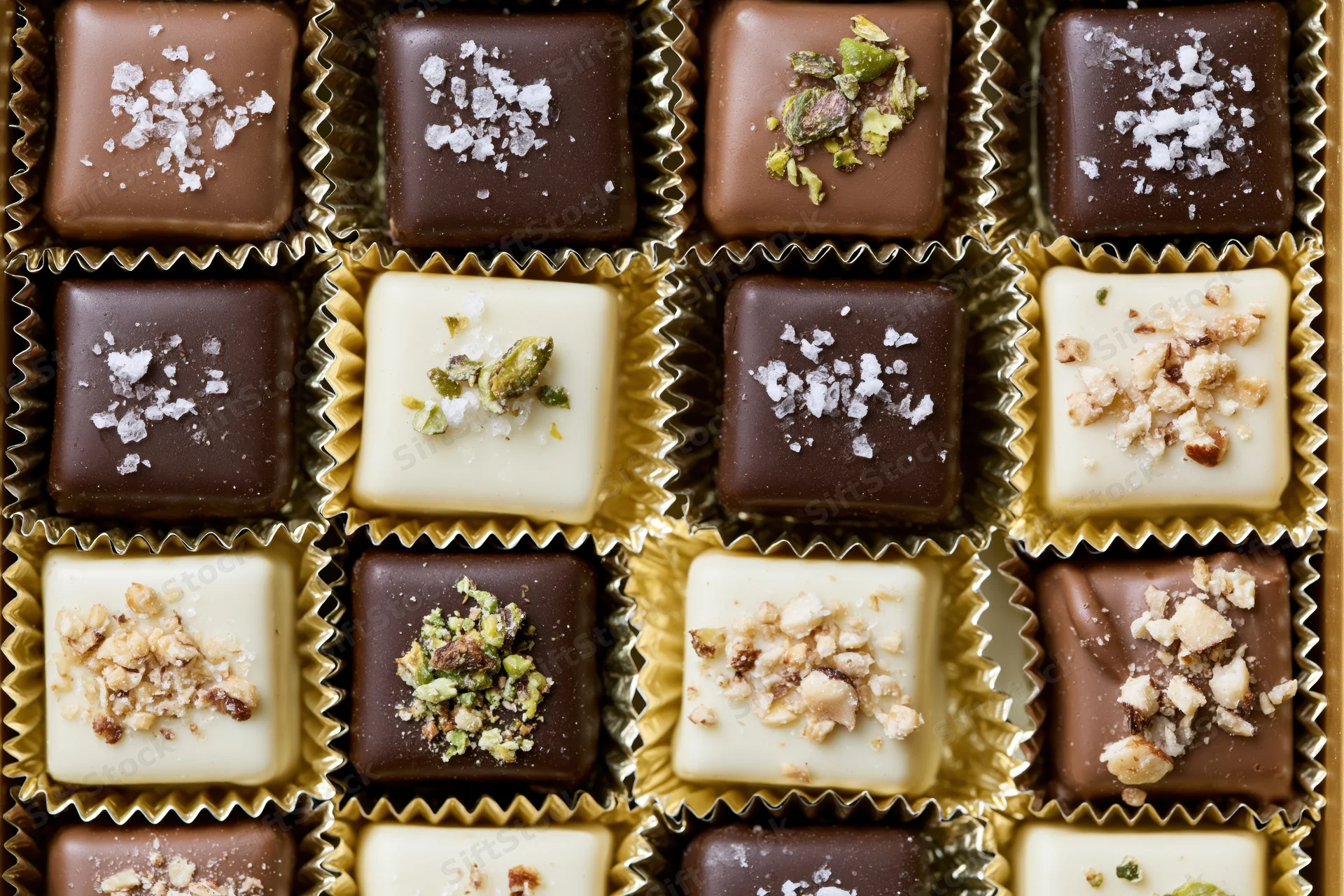 Assorted square chocolates in a gold-lined box with various toppings arranged in rows