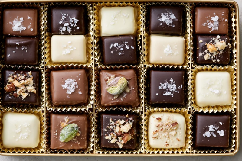 Assorted square chocolates arranged in a golden compartmentalized box