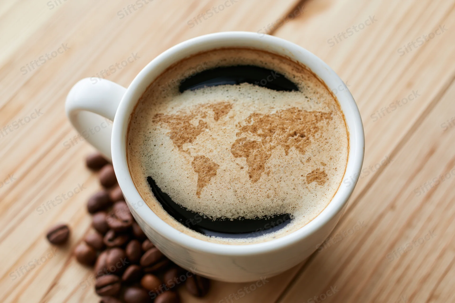 White ceramic mug filled with black coffee featuring world map latte art on foam, surrounded by coffee beans on wooden table