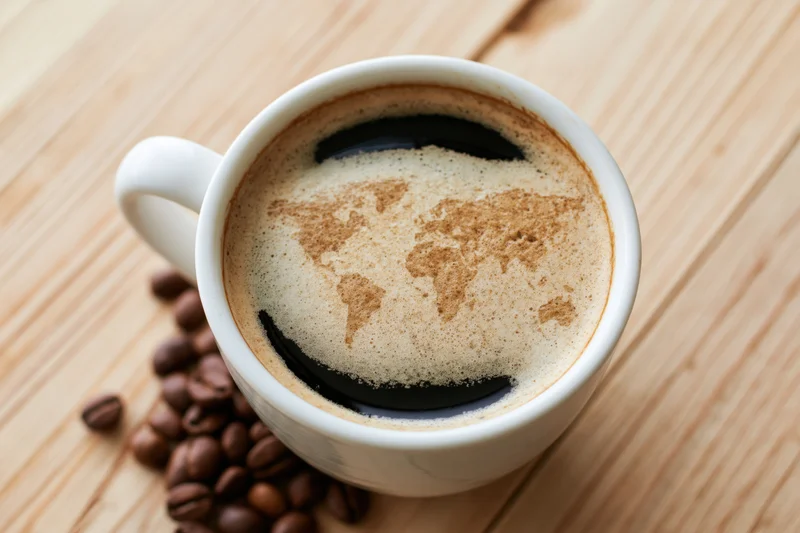 White ceramic mug filled with black coffee featuring world map latte art on foam, surrounded by coffee beans on wooden table