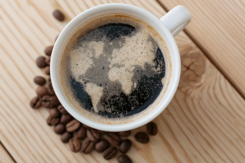 White ceramic mug filled with black coffee showing world map in foam on wooden table surrounded by coffee beans