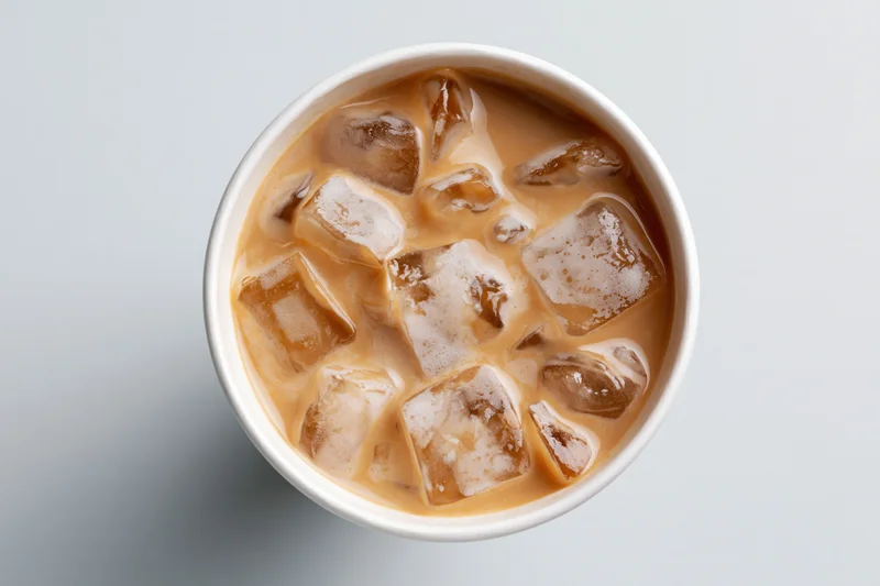 Iced latte in a white paper cup viewed from above with ice cubes floating in creamy coffee liquid