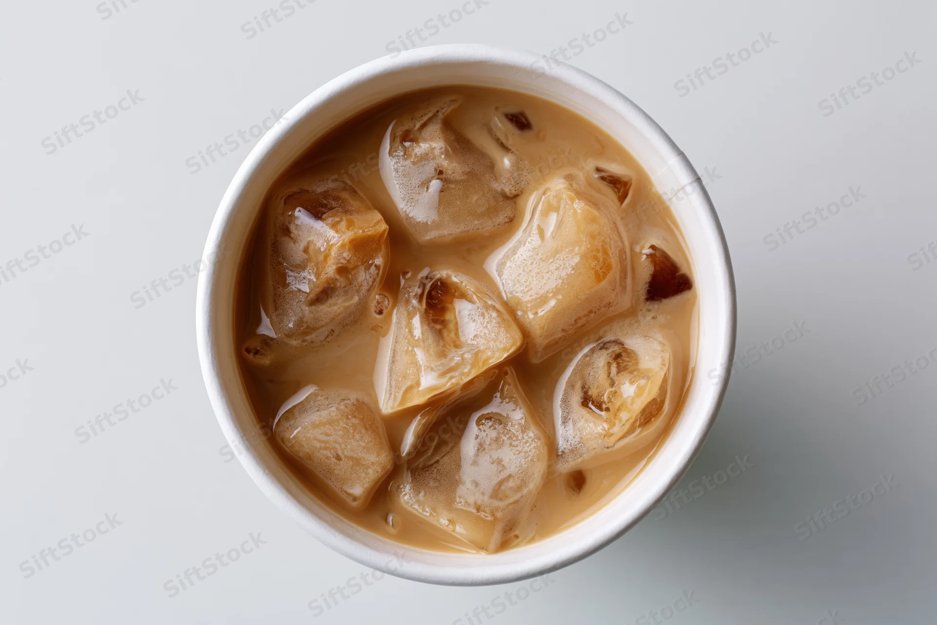 Iced latte in a white paper cup viewed from above with ice cubes floating in creamy coffee liquid