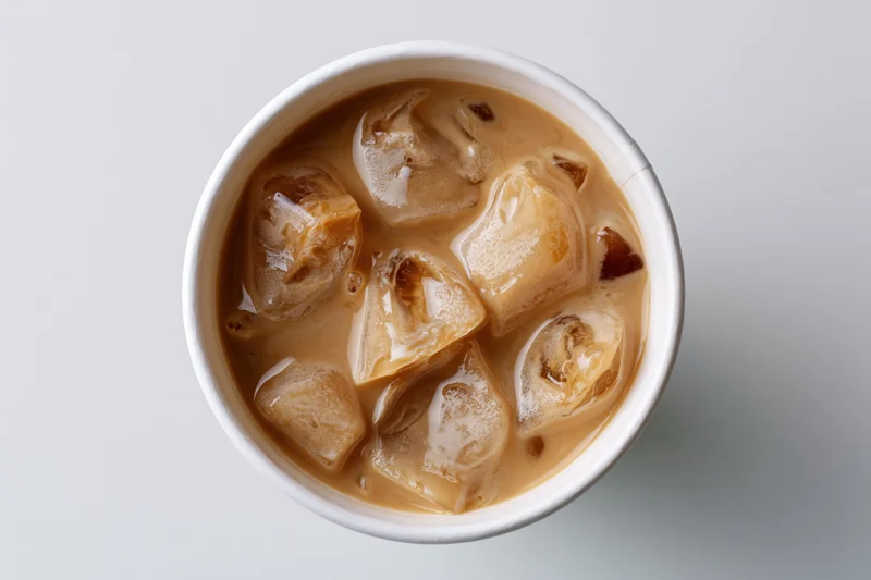 Iced latte in a white paper cup viewed from above with ice cubes floating in creamy coffee liquid