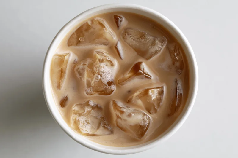 Iced latte in a white paper cup viewed from above with ice cubes floating in the drink