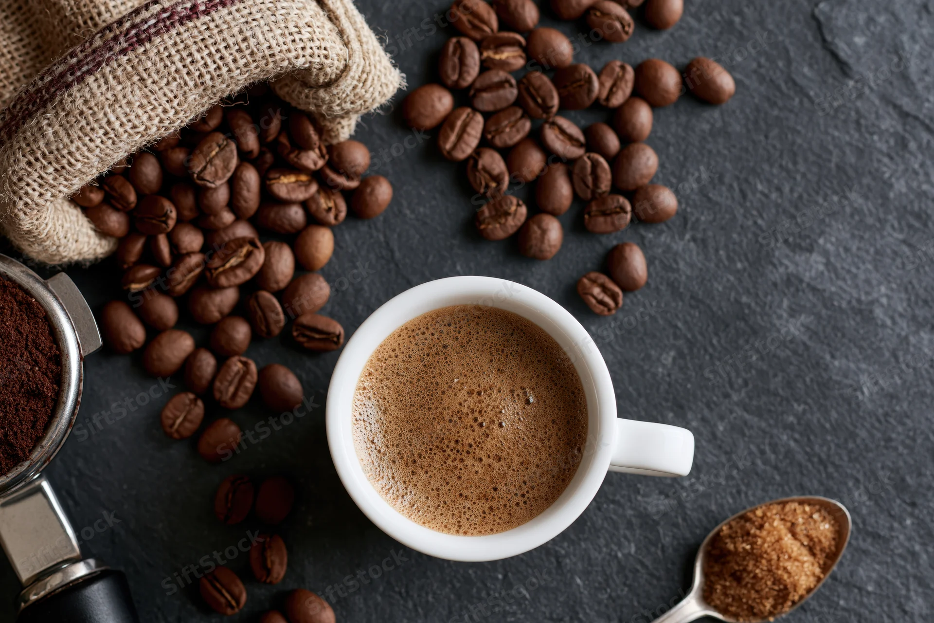 White espresso cup filled with frothy coffee on slate surface surrounded by roasted beans, ground coffee, sugar spoon, and burlap sack
