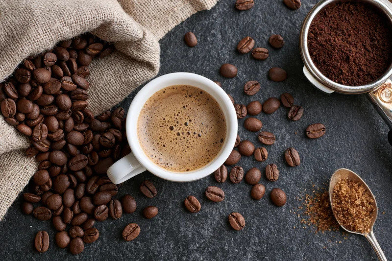 White espresso cup filled with frothy coffee in overhead flat lay with scattered beans and sugar on dark stone surface