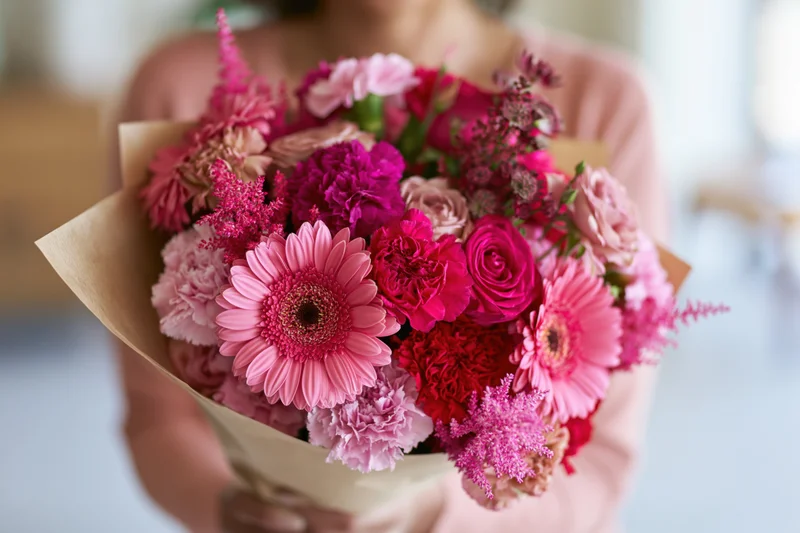 Woman holding a lush mixed pink flower bouquet wrapped in kraft paper