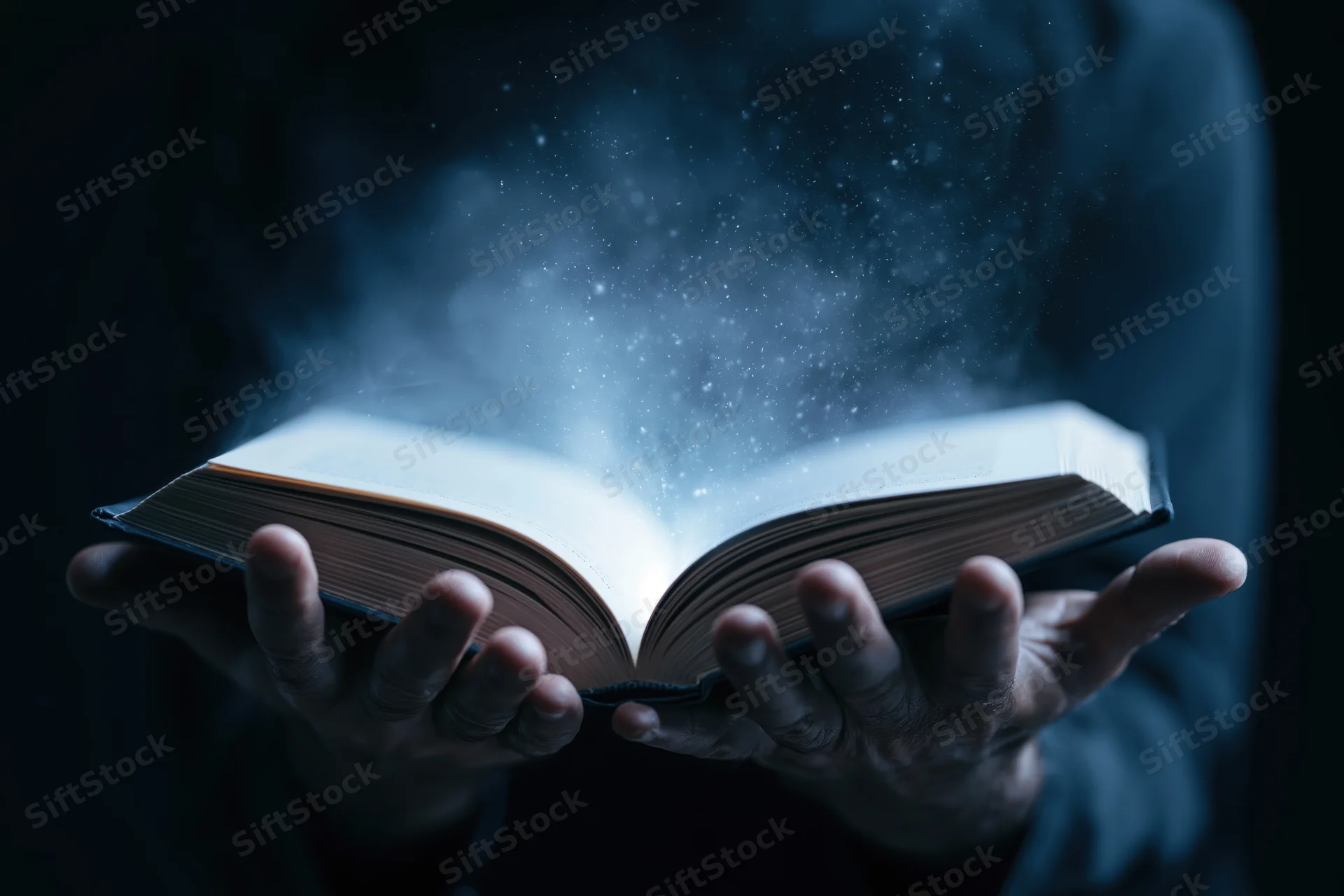 Hands holding an open hardcover book with glowing sparkles rising from the pages in a dark setting