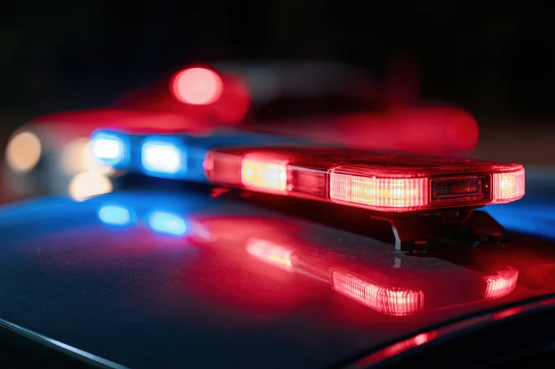 Police car light bar flashing red and blue at night close-up on rooftop