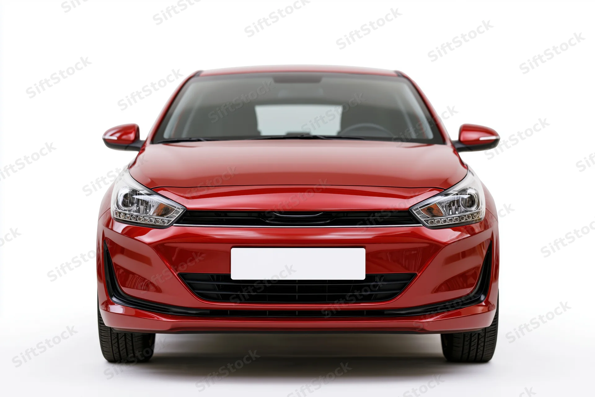 Red compact hatchback viewed straight-on from front against white background