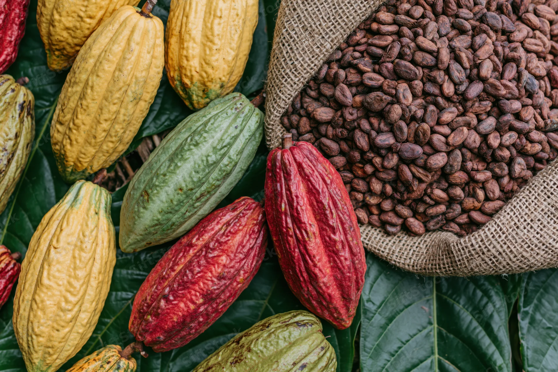 Ripe cacao pods in yellow, green and red arranged on large leaves beside a burlap sack filled with cocoa beans