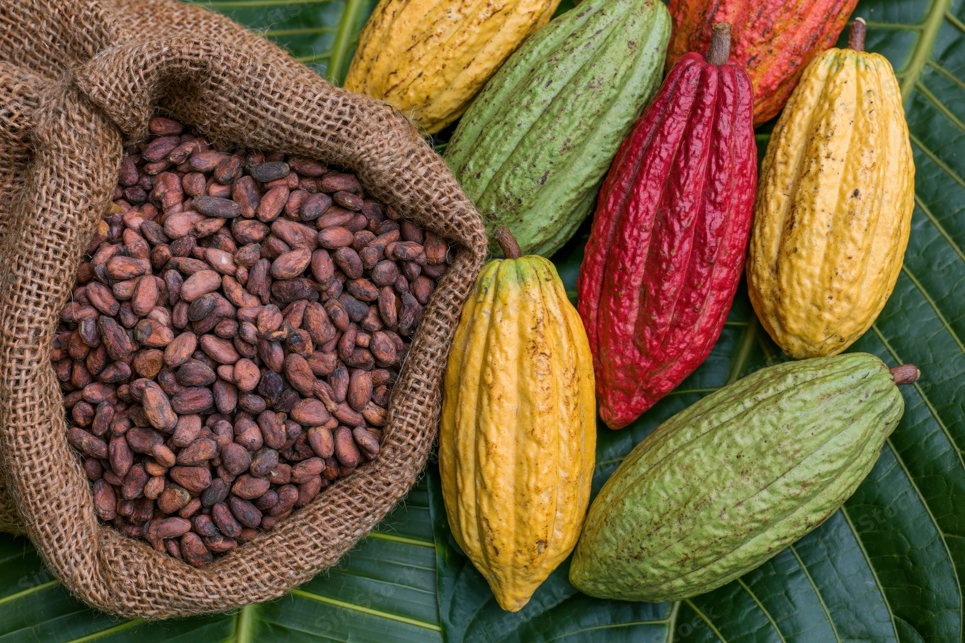 Ripe cacao pods and beans arranged on large green leaves with a burlap sack