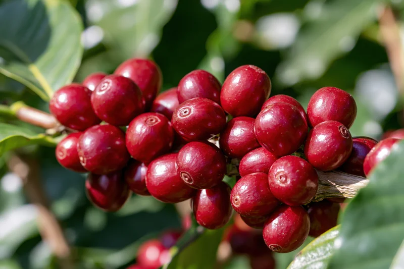 Ripe red coffee cherries clustered densely on a woody branch among green leaves in sunlight