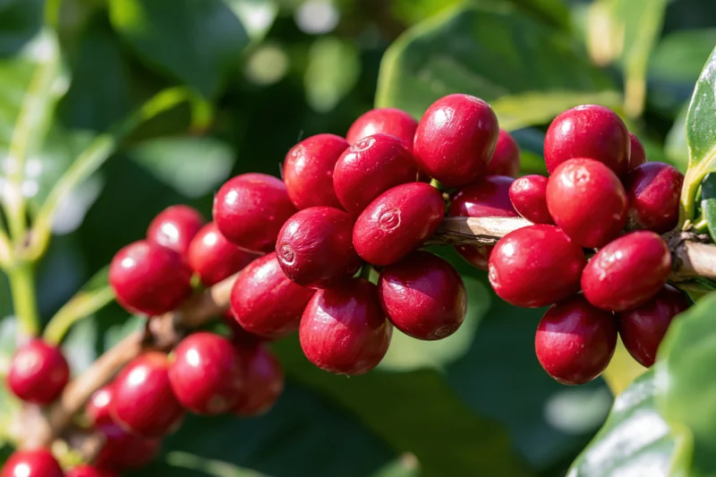 Ripe red coffee cherries clustered densely on a woody branch among green leaves in sunlight