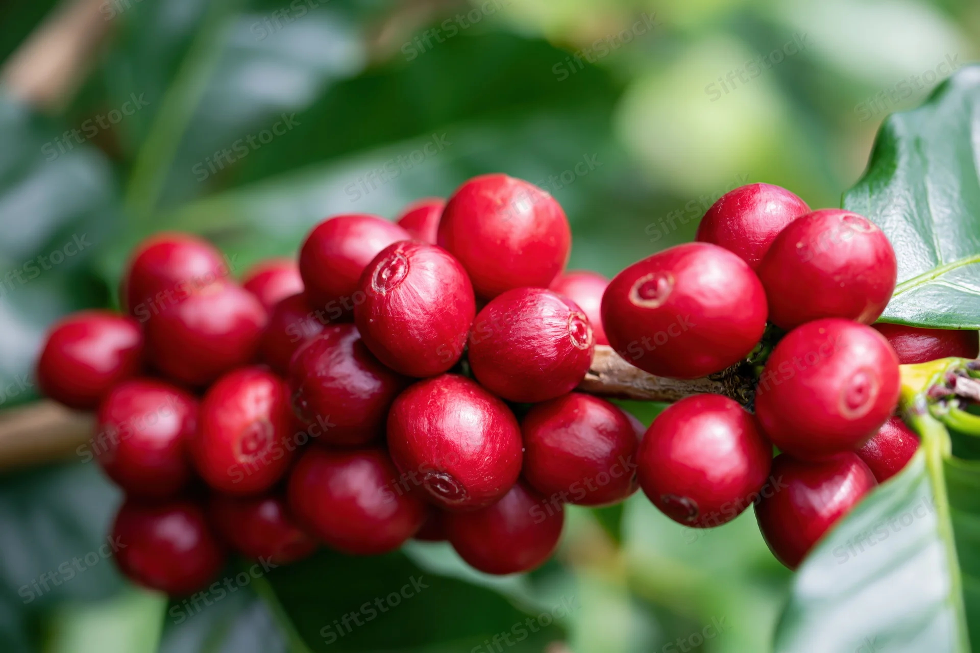 Ripe red coffee cherries clustered densely on a woody branch among green leaves