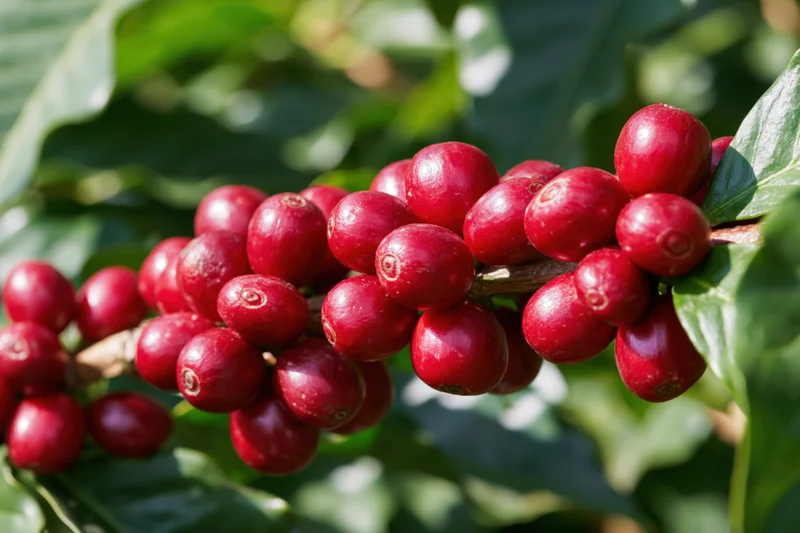 Ripe red coffee cherries clustered densely on a woody branch with green leaves in sunlight