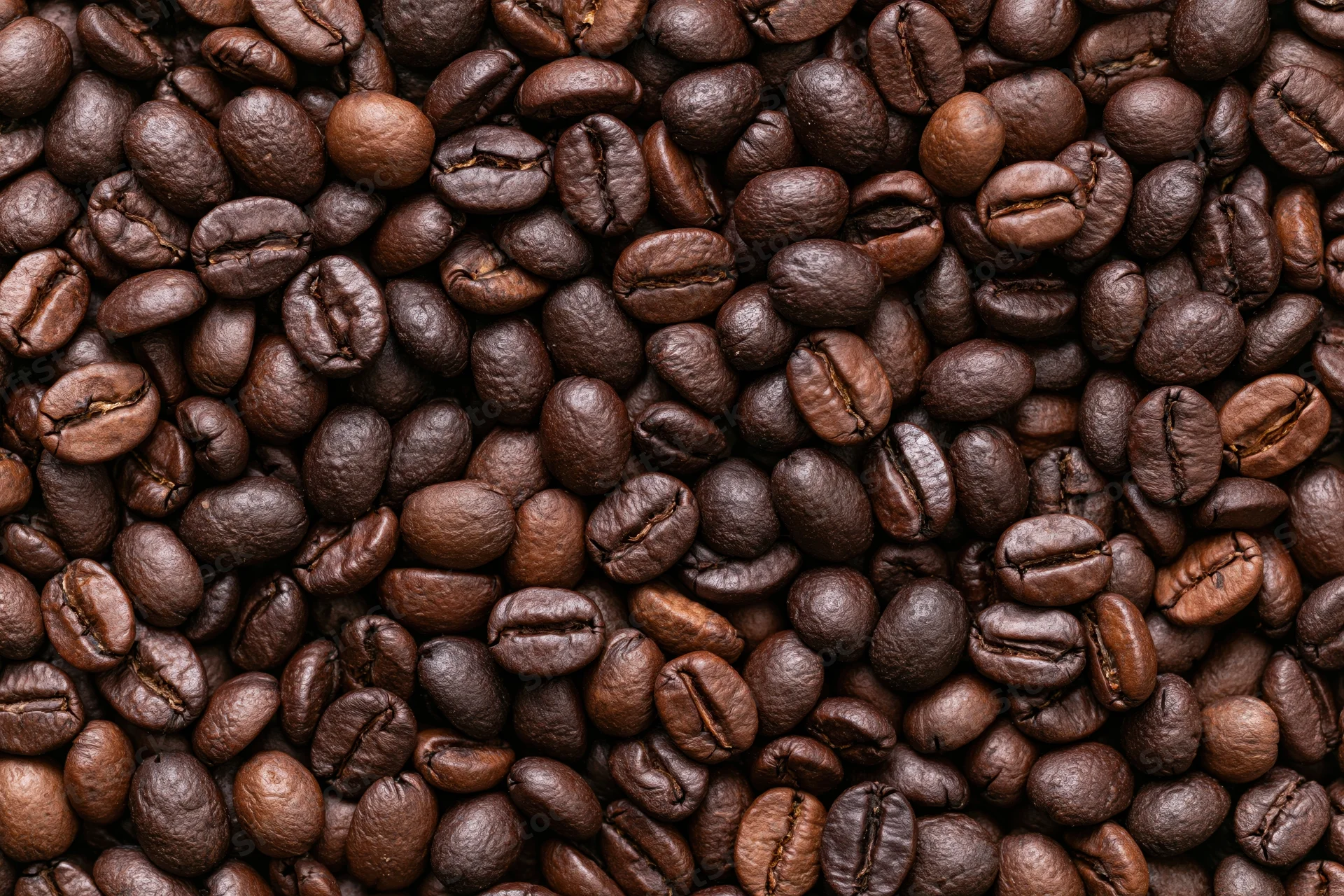 Roasted coffee beans arranged in a flat lay filling the frame