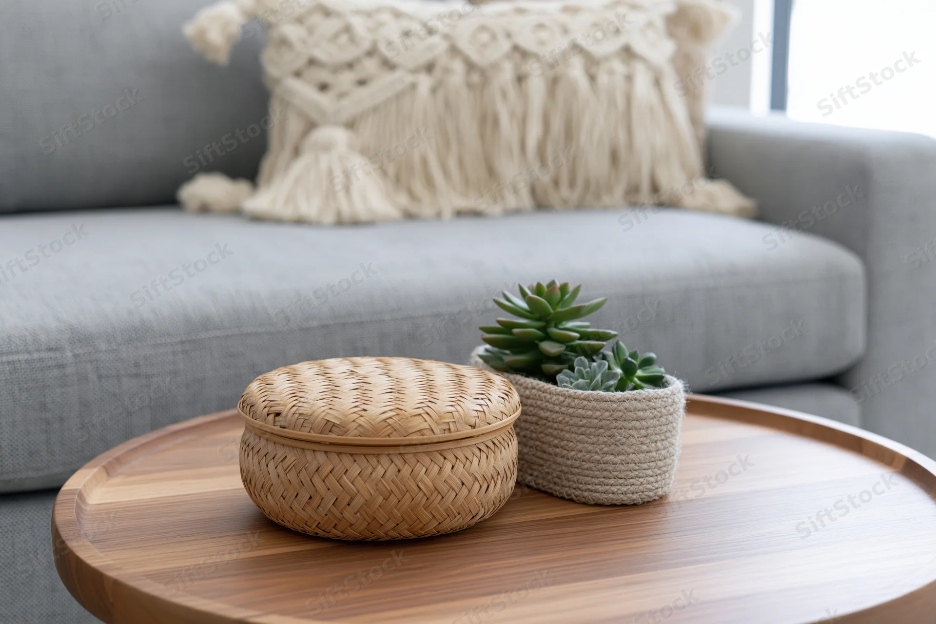 Round wooden coffee table with woven basket and potted succulents in living room setting