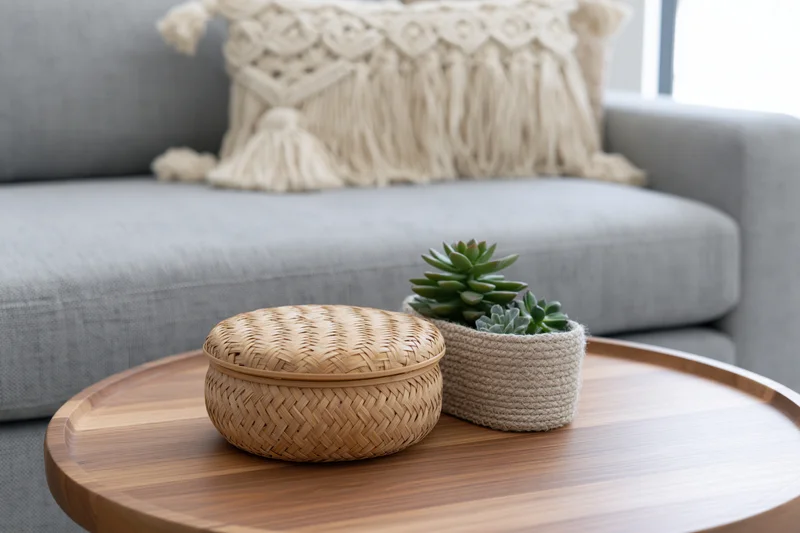 Round wooden coffee table with woven basket and potted succulents in living room setting