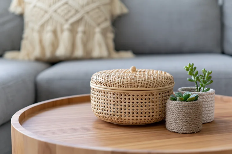 Round wooden coffee table with woven rattan basket and potted succulents on top near gray sofa