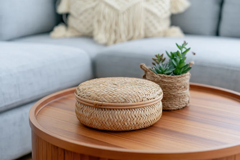 Round wooden coffee table with woven basket and potted succulent on top near gray sofa