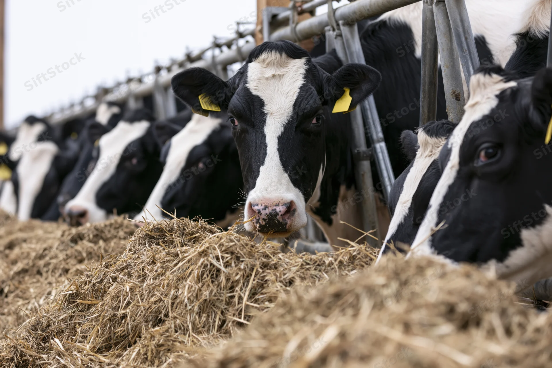 Row of holstein dairy cows feeding on hay through metal fence in barn