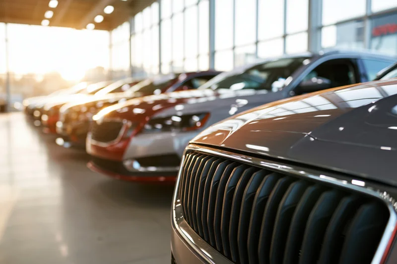 Row of new cars displayed in a car dealership showroom interior
