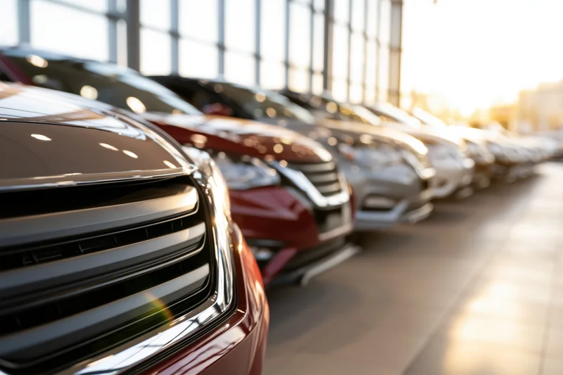 Row of new cars displayed in a car dealership showroom interior