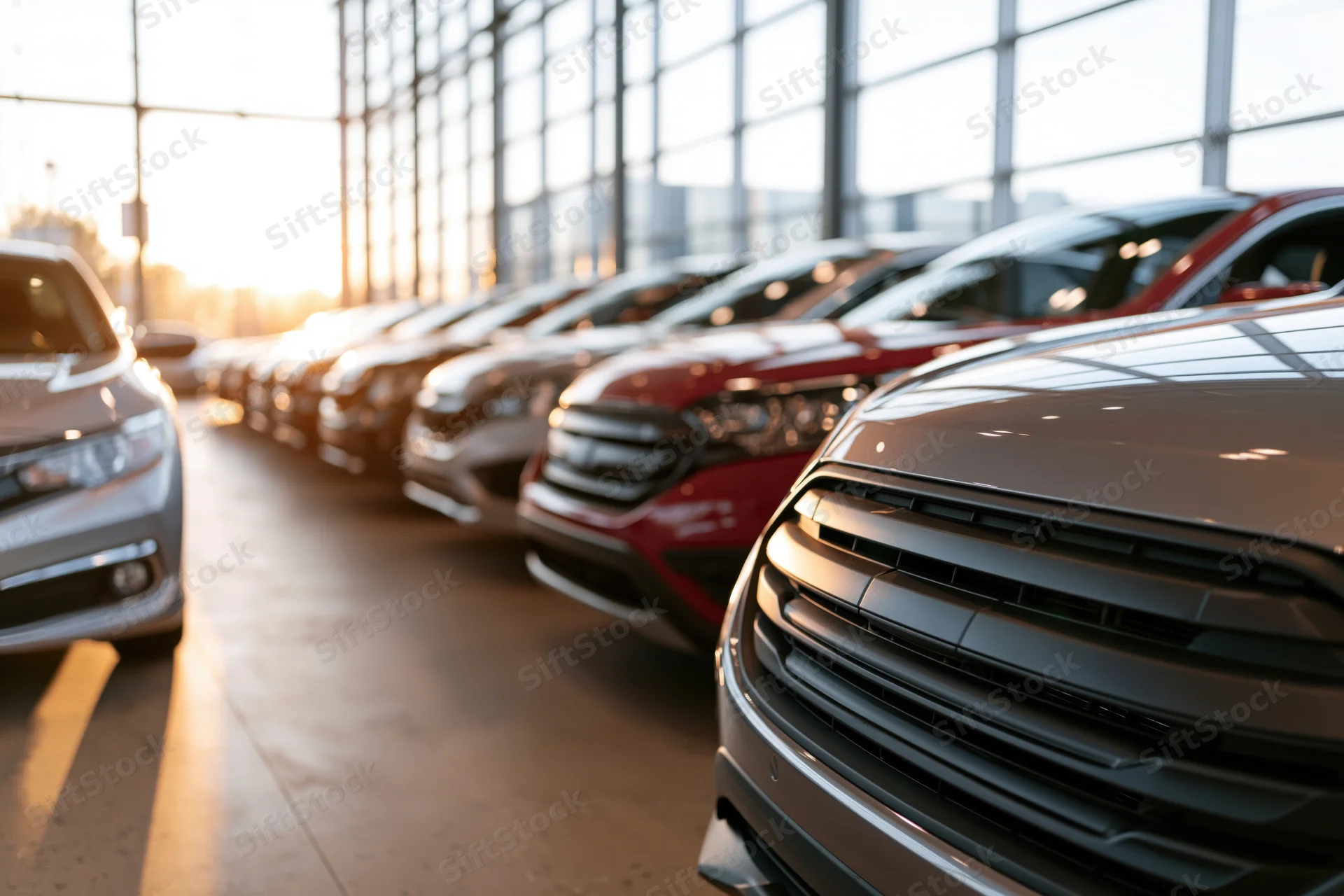 Row of new cars displayed in a car dealership showroom interior