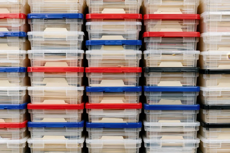 Rows of clear plastic storage bins with red blue and black lids stacked vertically in an office filing system