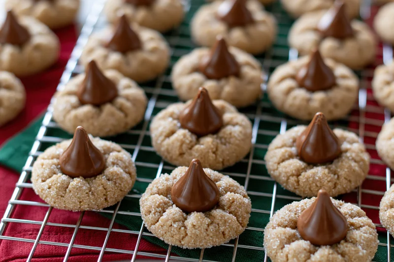 Rows of peanut butter blossom cookies topped with chocolate kisses cooling on a wire rack over a red and green plaid cloth