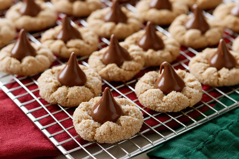 Rows of peanut butter blossom cookies topped with chocolate kisses cooling on a wire rack over red and green cloths