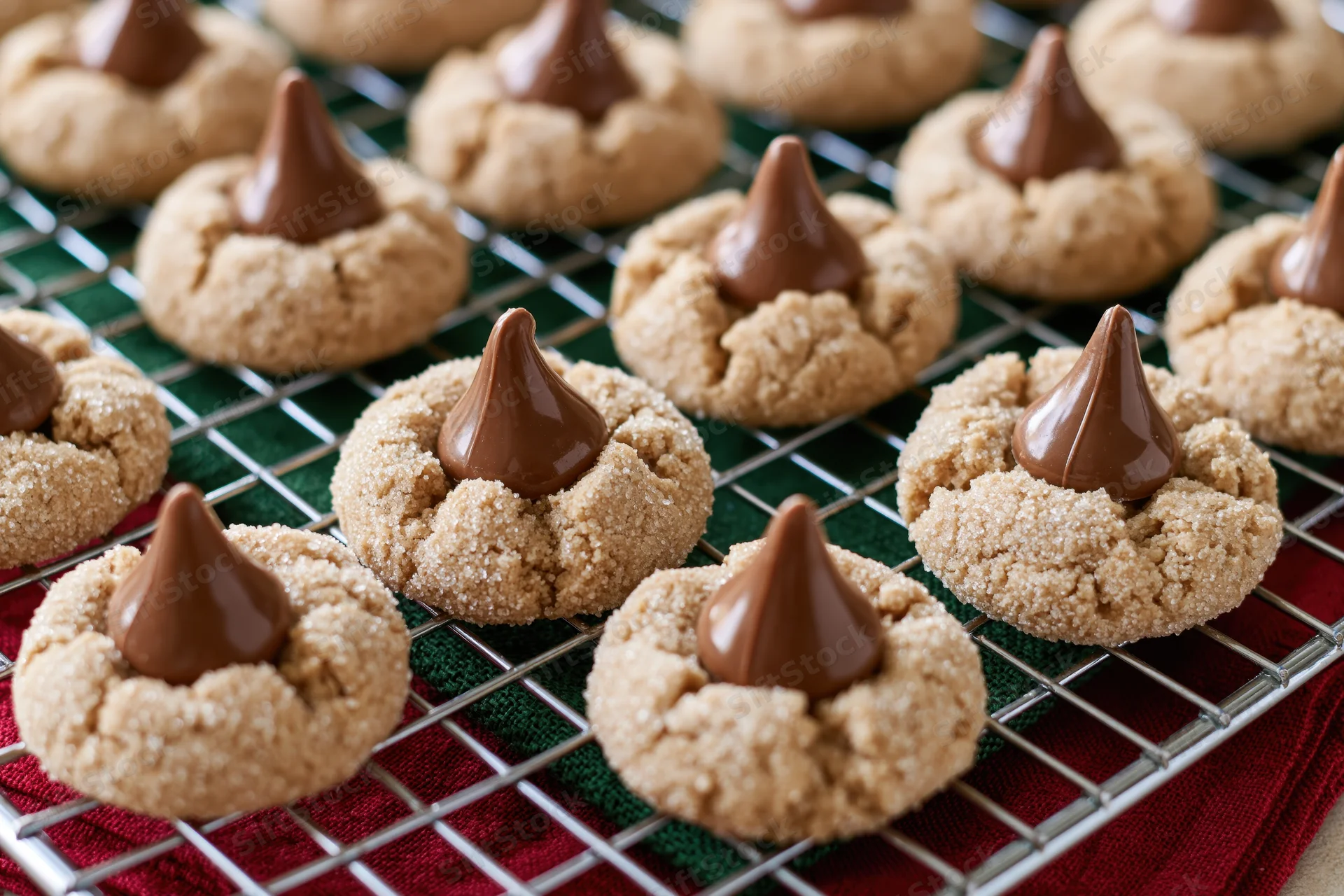 Rows of peanut butter blossom cookies topped with chocolate kisses cooling on a wire rack over a red and green cloth