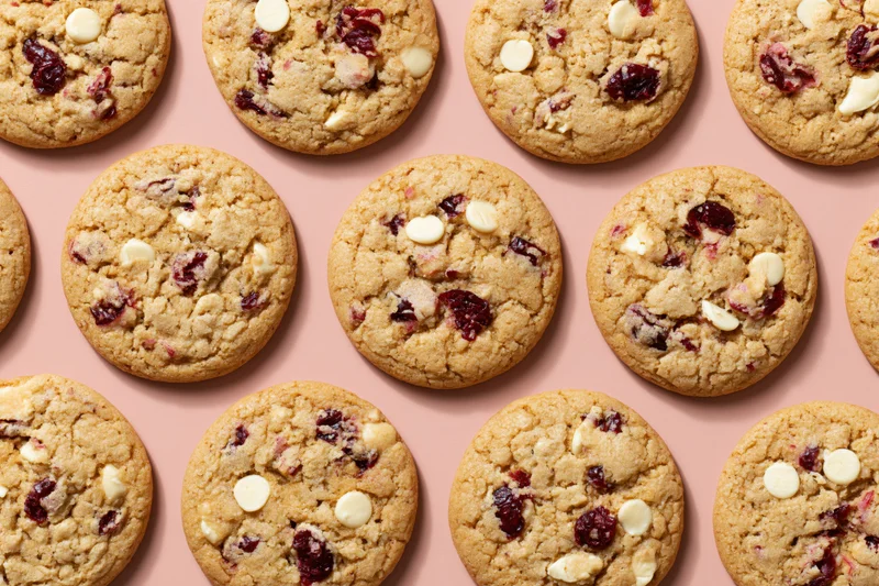 Rows of round cranberry and white chocolate chunk cookies arranged in a grid on a pink surface