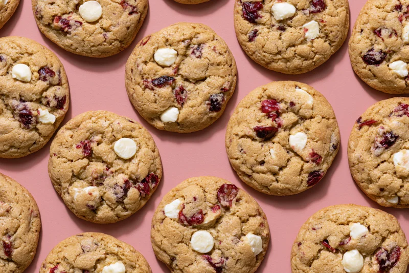 Rows of round cranberry and white chocolate chunk cookies arranged on a pink surface