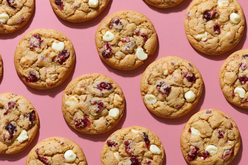 Rows of round cranberry and white chocolate chunk cookies arranged on a pink surface