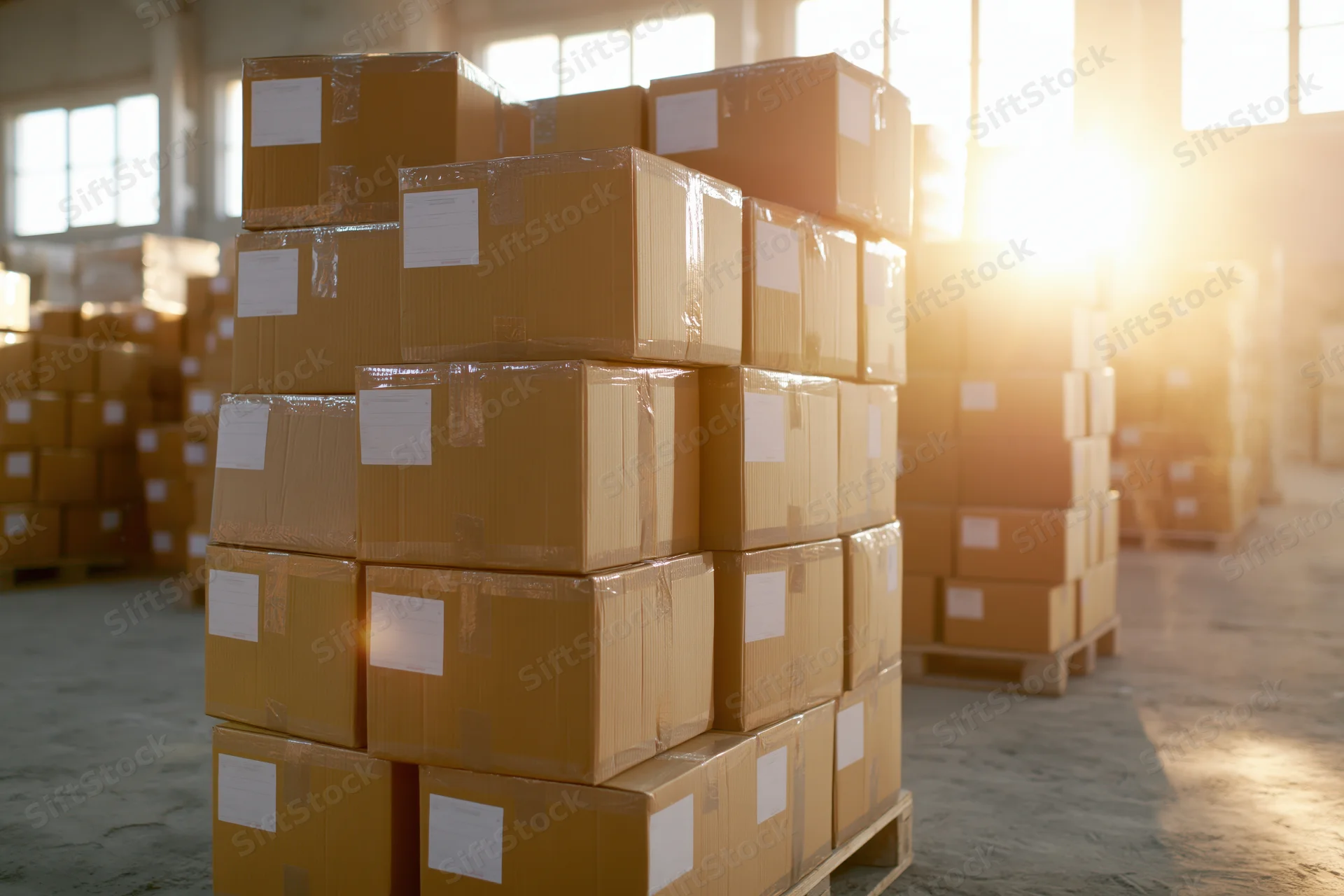 Stacked cardboard shipping boxes on pallets in a warehouse interior with sunlight streaming through windows