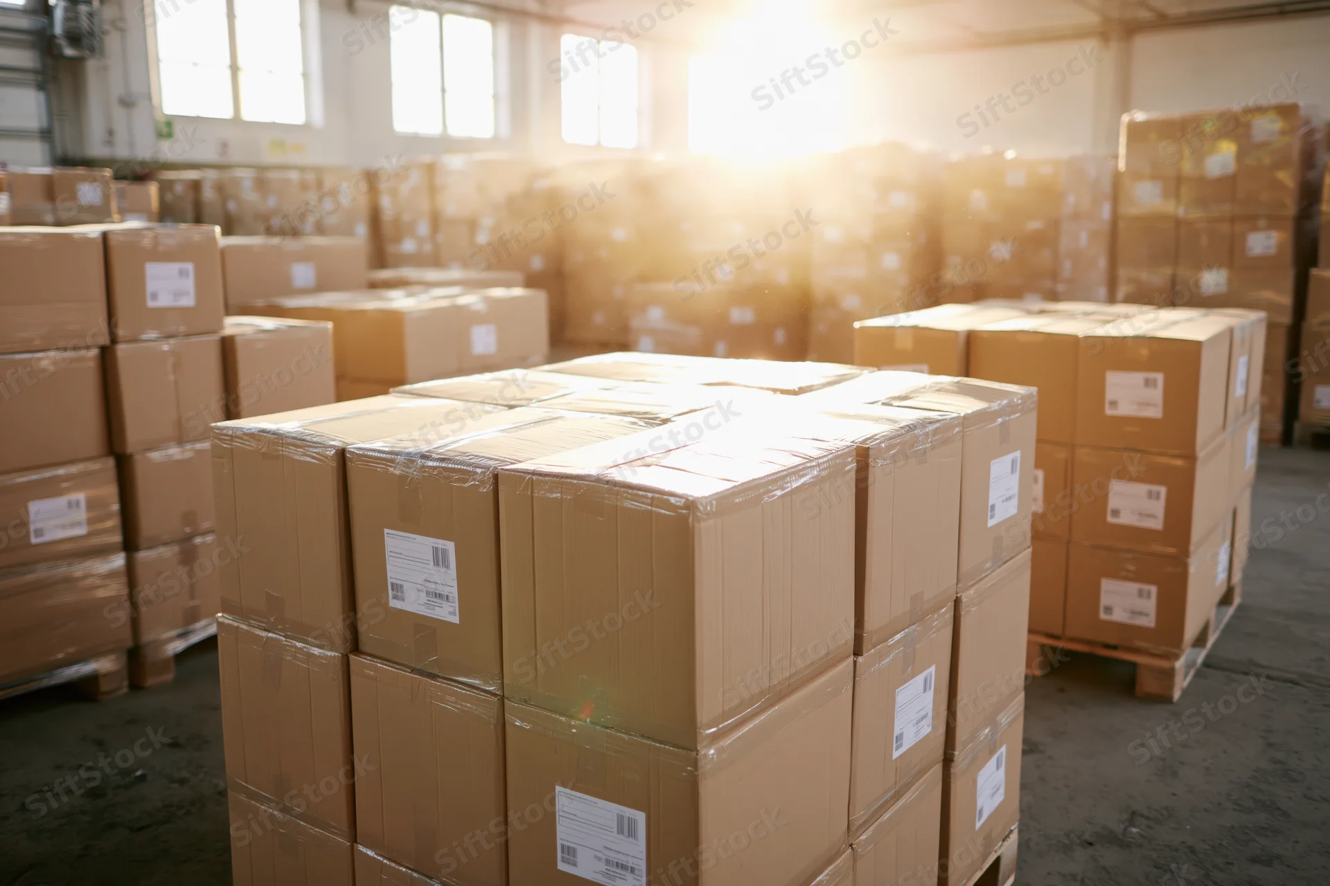 Rows of sealed cardboard shipping boxes stacked on pallets in a warehouse interior