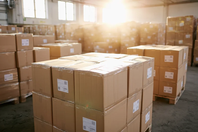 Rows of sealed cardboard shipping boxes stacked on pallets in a warehouse interior