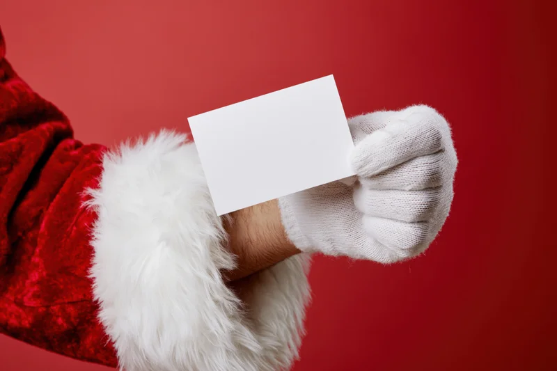 Santa’s gloved hand holding a blank white card against red background