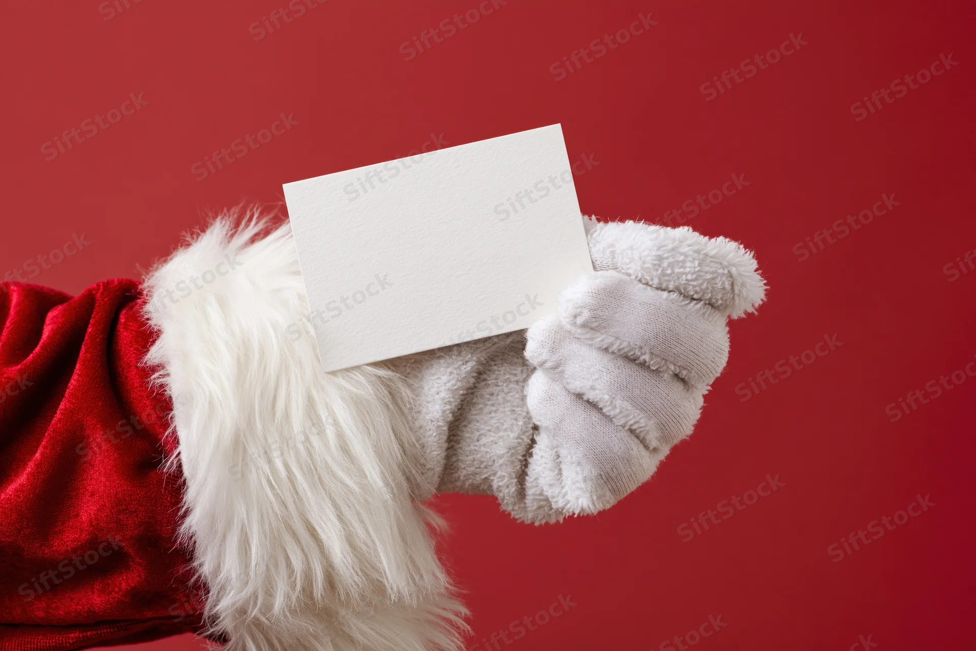 Santa claus gloved hand holding a blank white card against red background