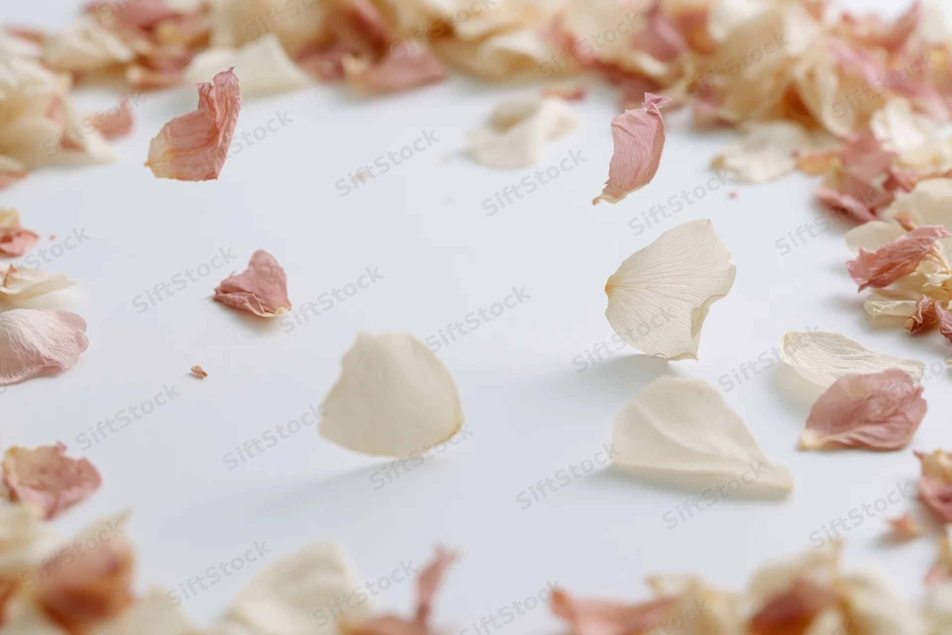 Pink and cream flower petals falling and floating on a white surface