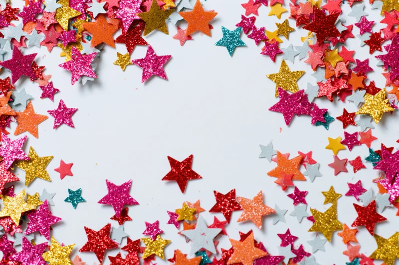 Star-shaped confetti scattered across white surface forming border with copyspace in center