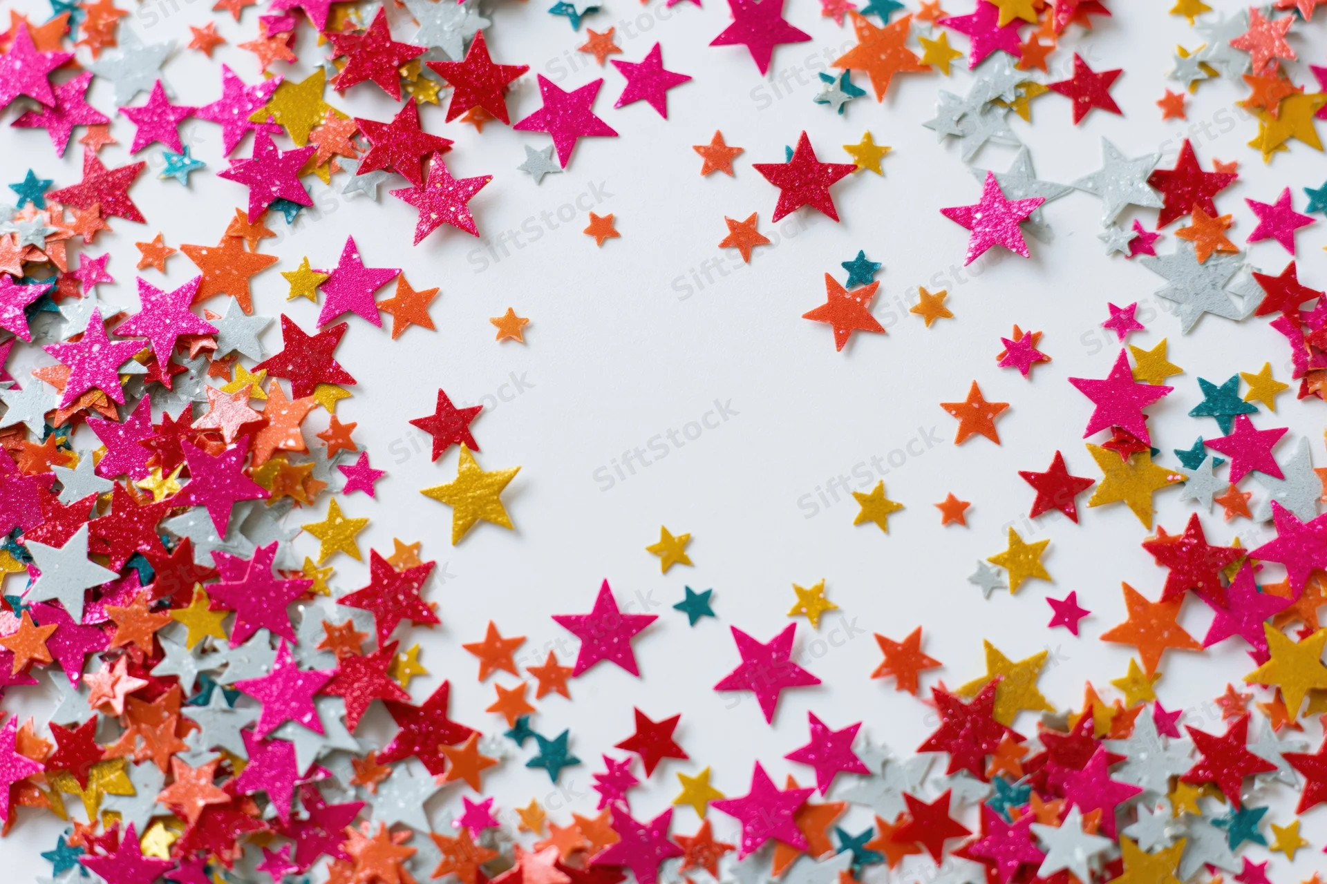 Star-shaped confetti scattered across white surface with copyspace in center