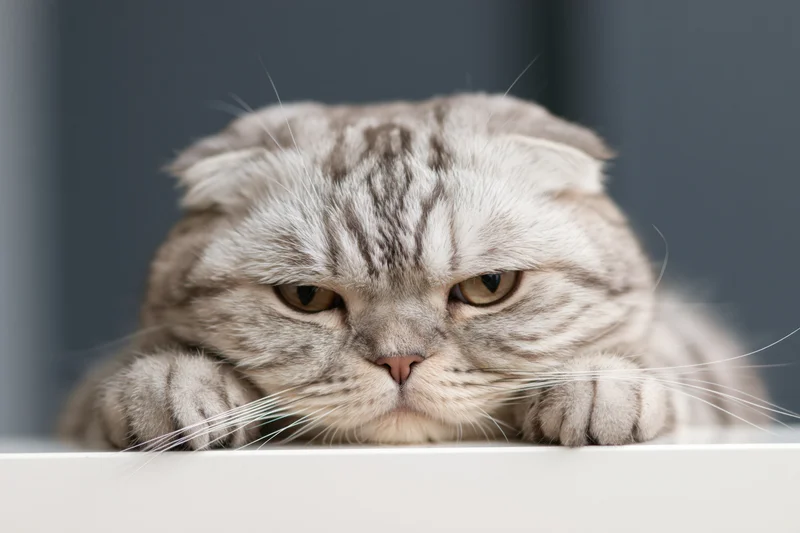 Scottish fold cat resting its paws over the edge of a white surface with a focused expression