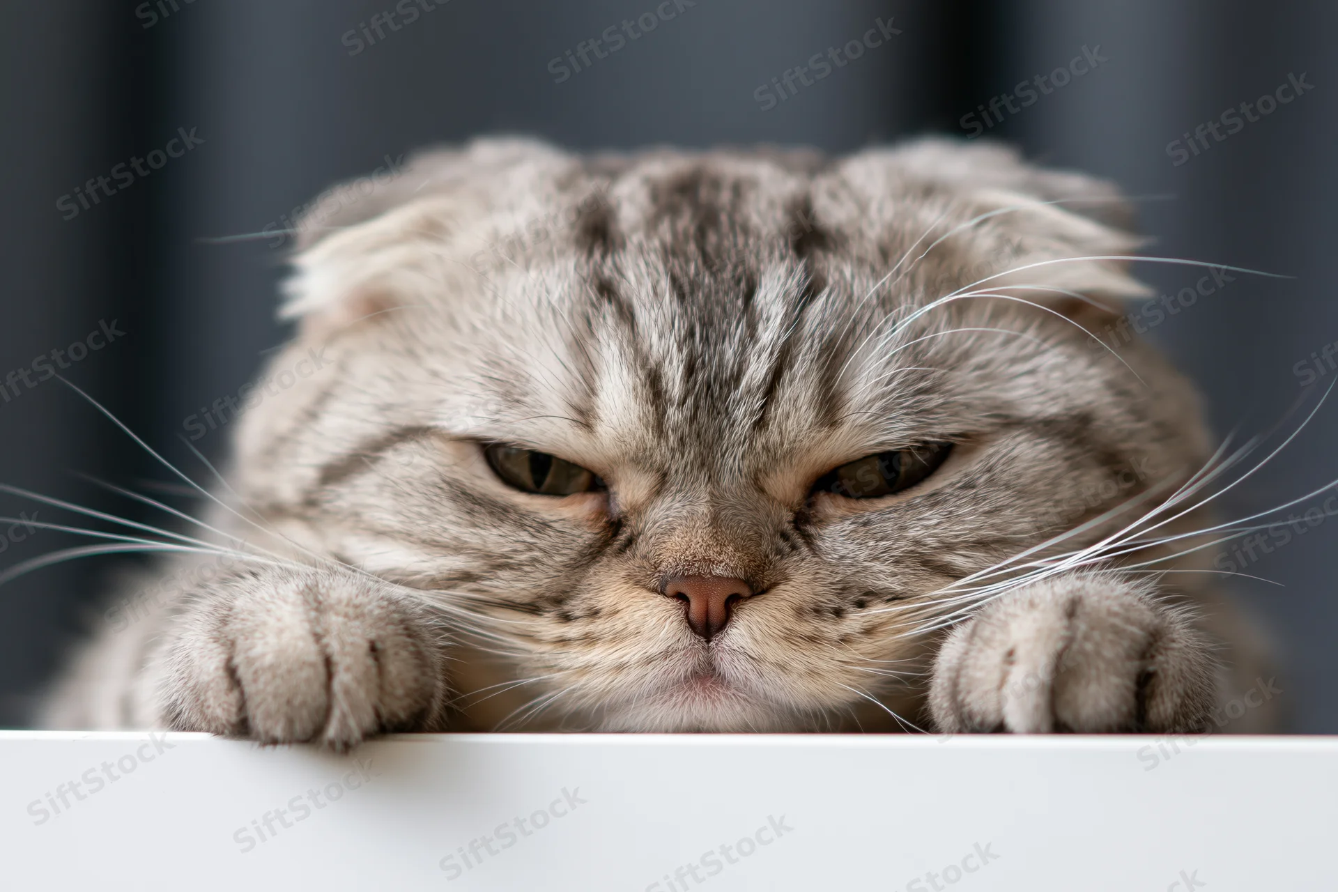 Scottish fold cat resting its paws over the edge of a white surface