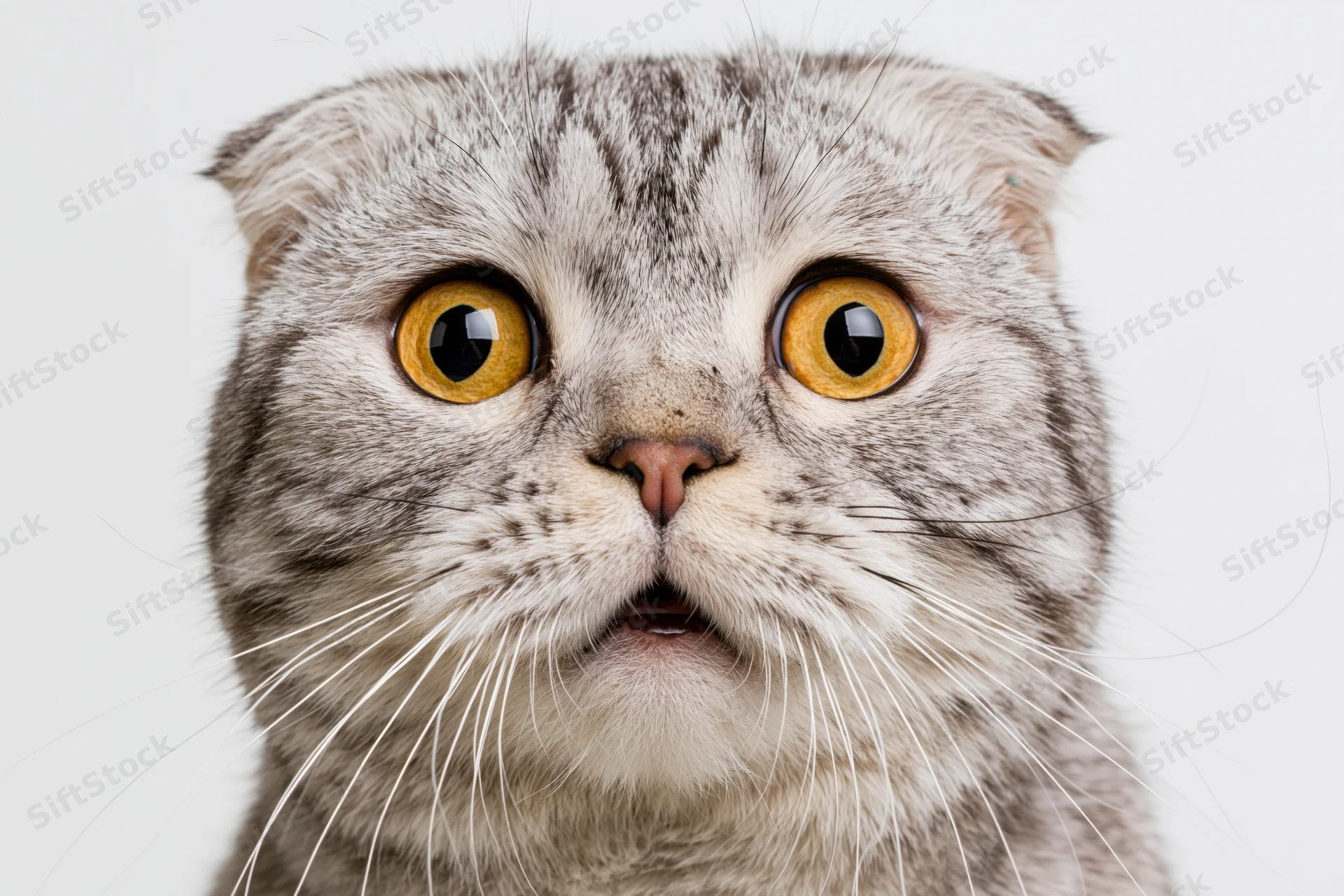 Scottish fold cat with wide yellow eyes staring directly at camera against white background